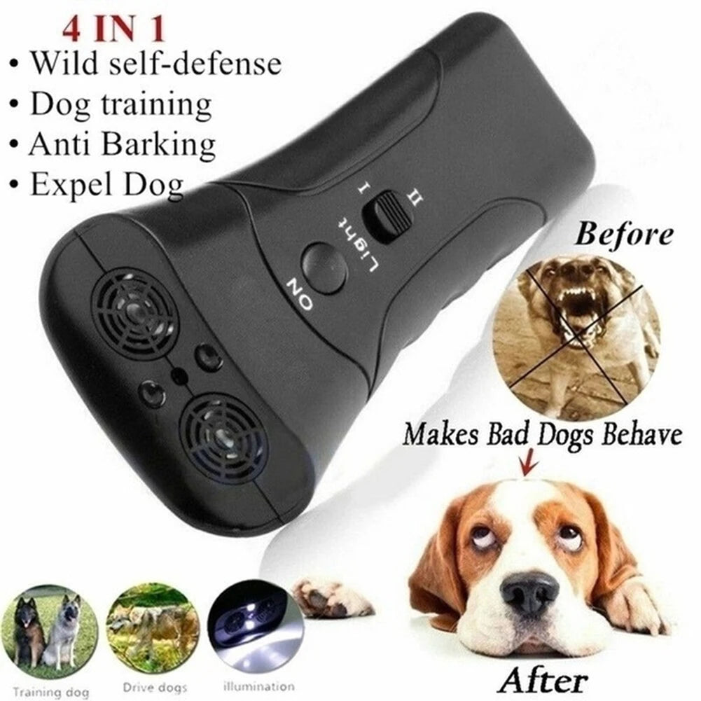 Répulsif anti-aboiements pour chiens à double tête 2 en 1 – Répulsif à ultrasons avec lampe de poche LED !