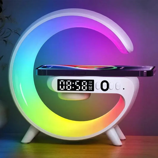 All-in-One Wireless Charger Stand with Alarm Clock, Bluetooth Speaker & RGB LED Night Light